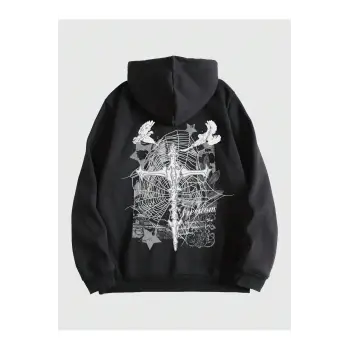 Goth Guys Cross Print Drawstring Lined Hoodie Siyah