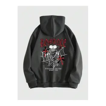 Goth Guys Skeleton & Slogan Graphic Zip Up Lined Hoodie Gri