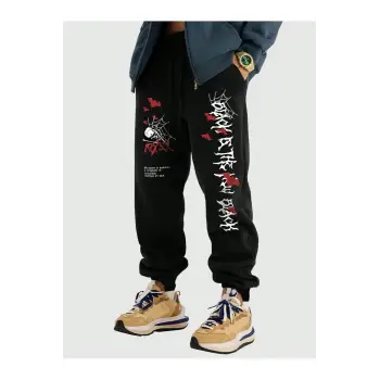 Goth Guys Skull & Slogan Graphic Drawstring Waist Eşofman Altı