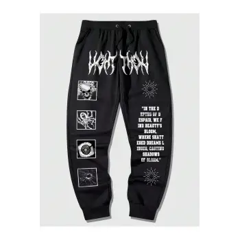 Goth Guys Slogan & Skull & Spider Graphic Drawstring Waist Eşofman Altı