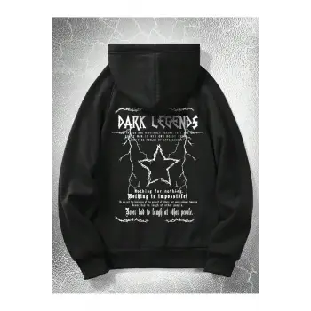 Goth Guys Star & Slogan Graphic Raglan Sleeve Drawstring Hoodie Siyah