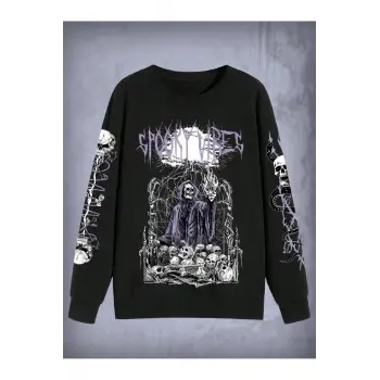 Goth Letter & Skull Print Sweatshirt Siyah