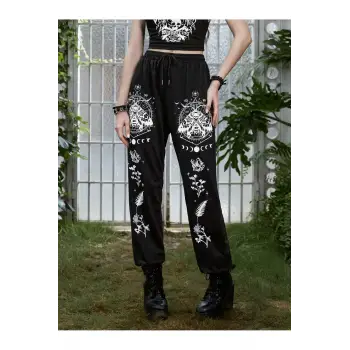 Goth Skull Graphic Drawstring Waist 4 Mevsim Eşofman