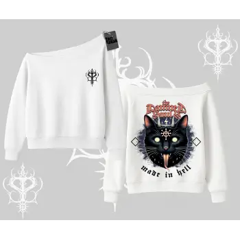 Gothic Cat Made in Hell Baskılı Sweatshirt Kayık Yaka Sweatshirt