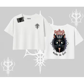 Gothic Cat Made in Hell Baskılı Sweatshirt Oversize Crop Tshirt