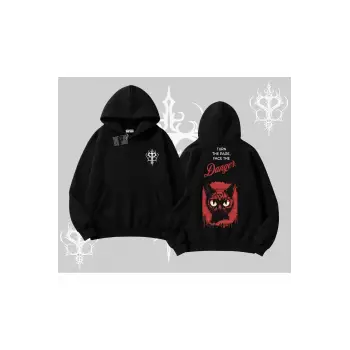 Gotik Kedi Arka Baskılı Kapşonlu Sweatshirt