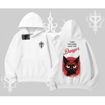 Gotik Kedi Arka Baskılı Kapşonlu Sweatshirt