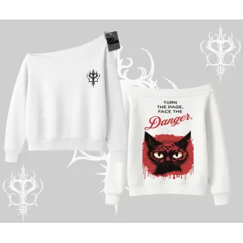 Gotik Kedi Arka Baskılı Kayık Yaka Sweatshirt
