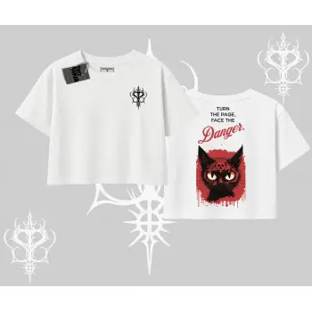 Gotik Kedi Arka Baskılı Oversize Crop Tshirt
