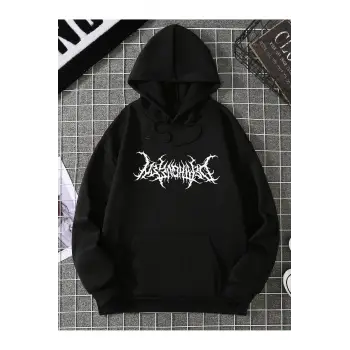 Graphic Print Kangaroo Pocket Drawstring Hoodie Siyah