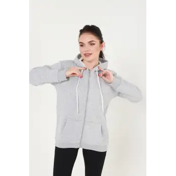 Gri Kapüşonlu Fermuarlı Sweatshirt