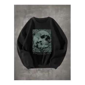 Grunge Punk Skull & Letter Graphic Sweatshirt Siyah