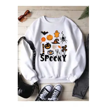 Halloween Print Lined Sweatshirt Beyaz