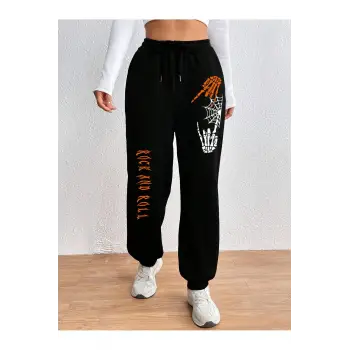 Halloween Skeleton Hand & Letter Graphic Drawstring Waist 4 Mevsim Eşofman