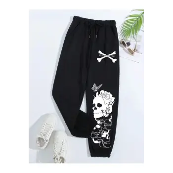 Halloween Skull Print Drawstring Waist 4 Mevsim Eşofman