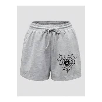 Halloween Spider Web & Heart Print Drawstring Waist Şort