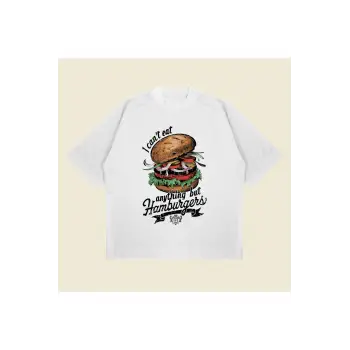 Hamburger Baskılı Oversize Unisex Pamuklu Nefes Alan Kalın Kumaşlı