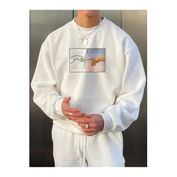 Hands Renkli Oversize Bisiklet Yaka Pamuklu Sweatshirt Beyaz