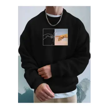 Hands Renkli Oversize Bisiklet Yaka Pamuklu Sweatshirt Siyah