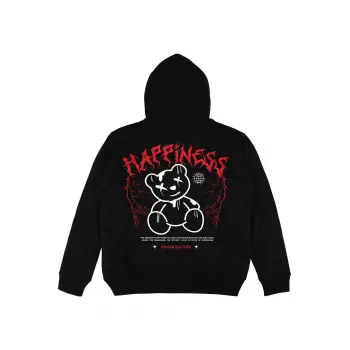 Happines Teddy Siyah Oversize Unisex Kapüşonlu Sweatshirt Hoodie
