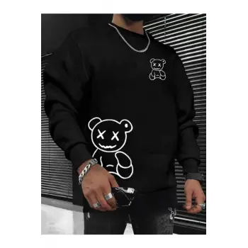 Happy Bear Oversize Bisiklet Yaka Pamuklu Sweatshirt Siyah