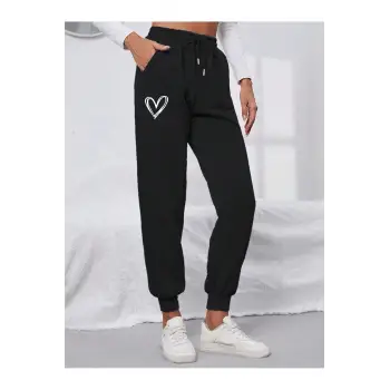 Heart Print Drawstring Waist 4 Mevsim Eşofman