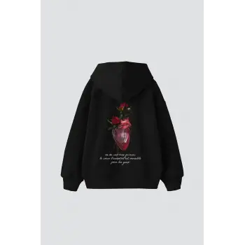 Heart&Rose Baskılı Oversize Unisex Premium Siyah