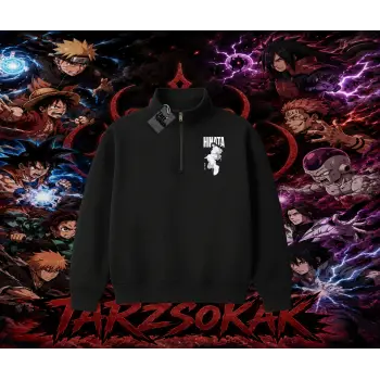 Hinata Hyuga Naruto Anime Karakteri Unisex Polo Yaka Yarım Fermuarlı Sweatshirt Beyaz