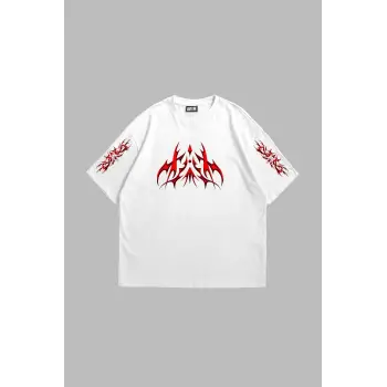 Holographic Red Baskılı Oversize Unisex Beyaz