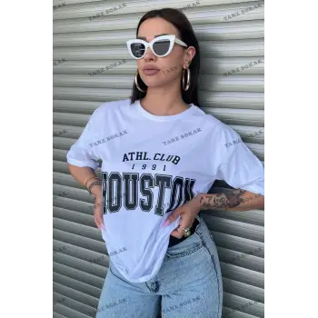 Houston Baskılı Kadın Oversize Beyaz