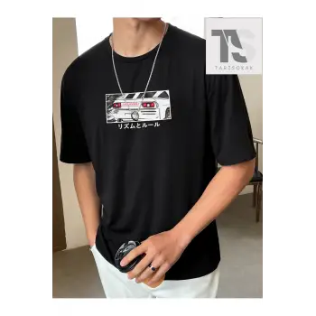 Hypemode Erkek Japon Mektup ve Araba Baskılı Tişört