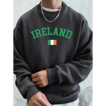 İrlanda Bayrağı Baskılı Erkek Sweatshirtleri Kışlık Bisiklet Yaka Kapüşonlu Sokak Stili Polar