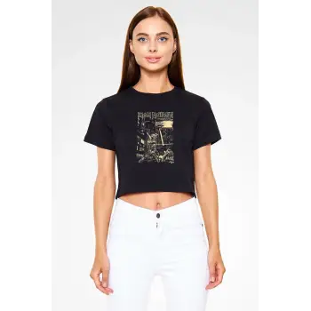 Iron Maiden Siyah Crop Top Tişört