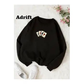 İskambil Renkli Oversize Bisiklet Yaka Pamuklu Sweatshirt Siyah