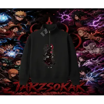 Itachi Uchiha Naruto Anime Karakteri Unisex Polo Yaka Yarım Fermuarlı Sweatshirt Beyaz