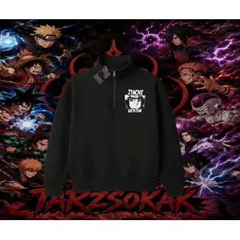 Itachi Uchiha Naruto Anime Karakteri Unisex Polo Yaka Yarım Fermuarlı Sweatshirt Beyaz