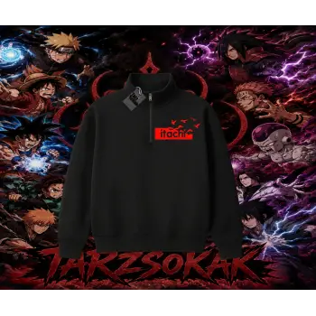 Itachi Uchiha Naruto Anime Karakteri Unisex Polo Yaka Yarım Fermuarlı Sweatshirt Beyaz
