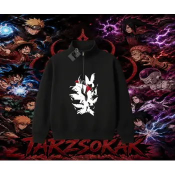 Itachi Uchiha Naruto Anime Karakteri Unisex Polo Yaka Yarım Fermuarlı Sweatshirt Beyaz