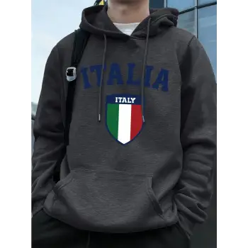 İtalya Bayrağı Baskılı Erkek Kapüşonlu Sweatshirtleri Sonbahar Kış Cepli Sweatshirtler Temel