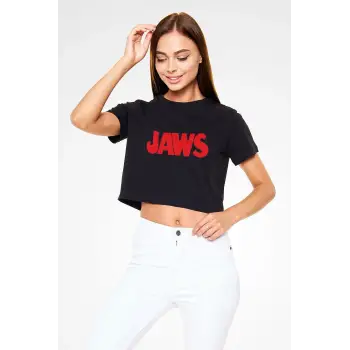 Jaws Siyah Crop Top Tişört