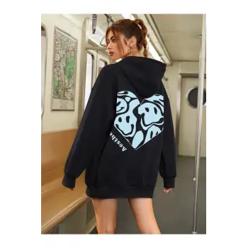 Kadın Aestheticism Baskılı Kapüşonlu Sweatshirt Siyah