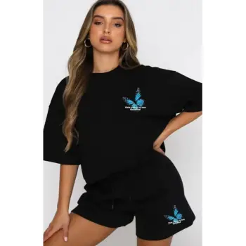 Kadın Alt Üst Siyah Kelebek Baskılı Şort Tshirt Kombini