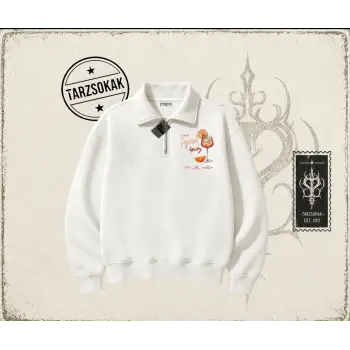 Kadın Aperol Spiritz Unisex Polo Yaka Yarım Fermuarlı Sweatshirt Beyaz