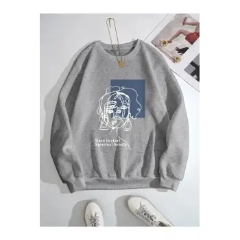 Kadın Beauty Baskılı Oversize Bisiklet Yaka Sweatshirt Gri