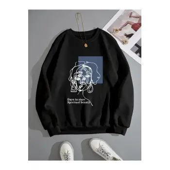 Kadın Beauty Baskılı Oversize Bisiklet Yaka Sweatshirt Siyah