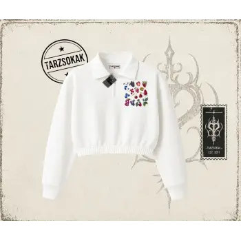 Kadın Berries Kadın Crop Polo Yaka Yarım Fermuarlı Sweatshirt Beyaz