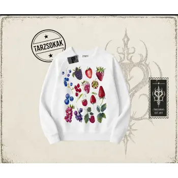 Kadın Berries Oversize Unisex Bisiklet Yaka Sweatshirt Beyaz