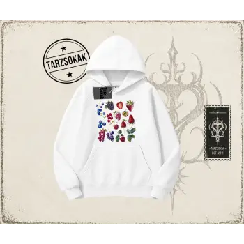 Kadın Berries Oversize Unisex Kapşonlu Sweatshirt Beyaz