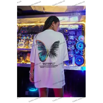 Kadın Beyaz Butterfly Ön Arka Baskılı Oversize