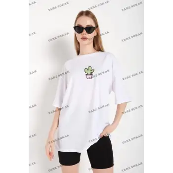 Kadın Beyaz Cactus Logo Baskılı Oversize